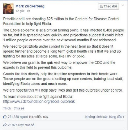 Vo chong ti phu Mark Zuckerberg tang 25 trieu USD de chong Ebola