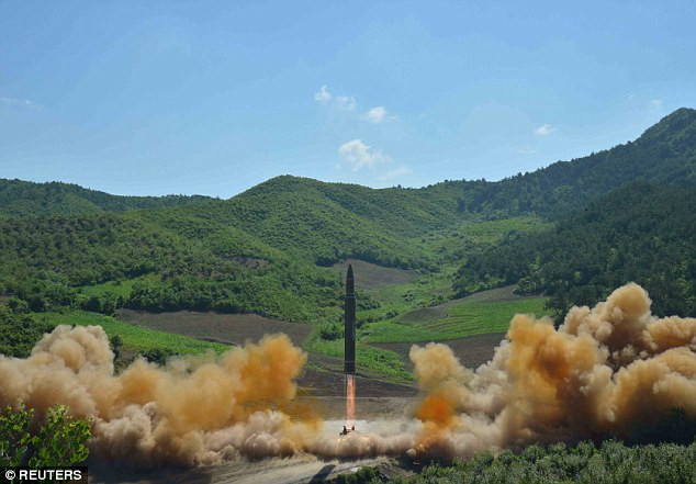 North Korea on Tuesday said it had tested an intercontinental ballistic missile (ICBM), prompting US experts to say the device could reach Alaska. Pictured above is the ICBM during a test launch