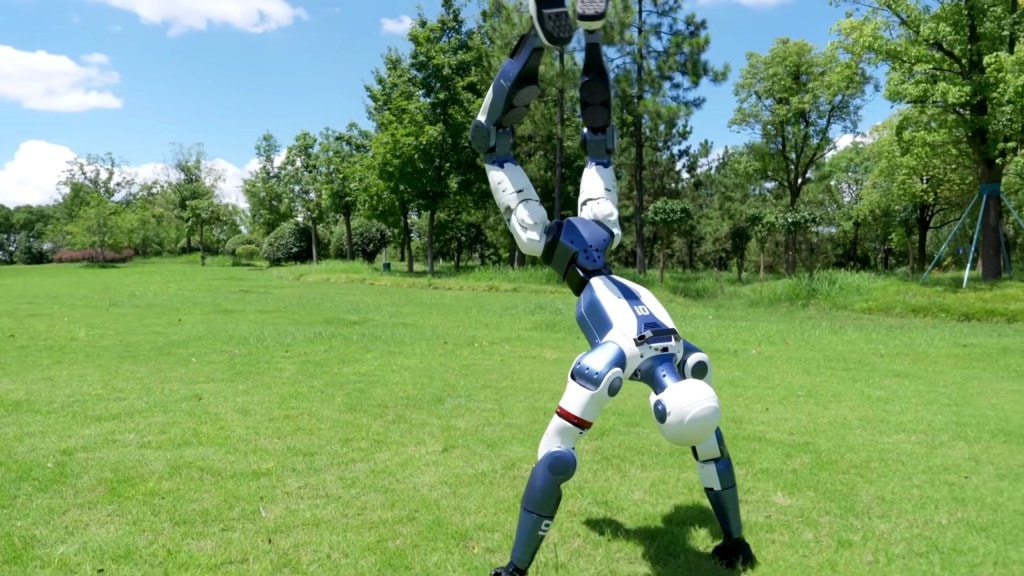 Unitree’s R1 robot doing a handstand. Unitree Robotics
