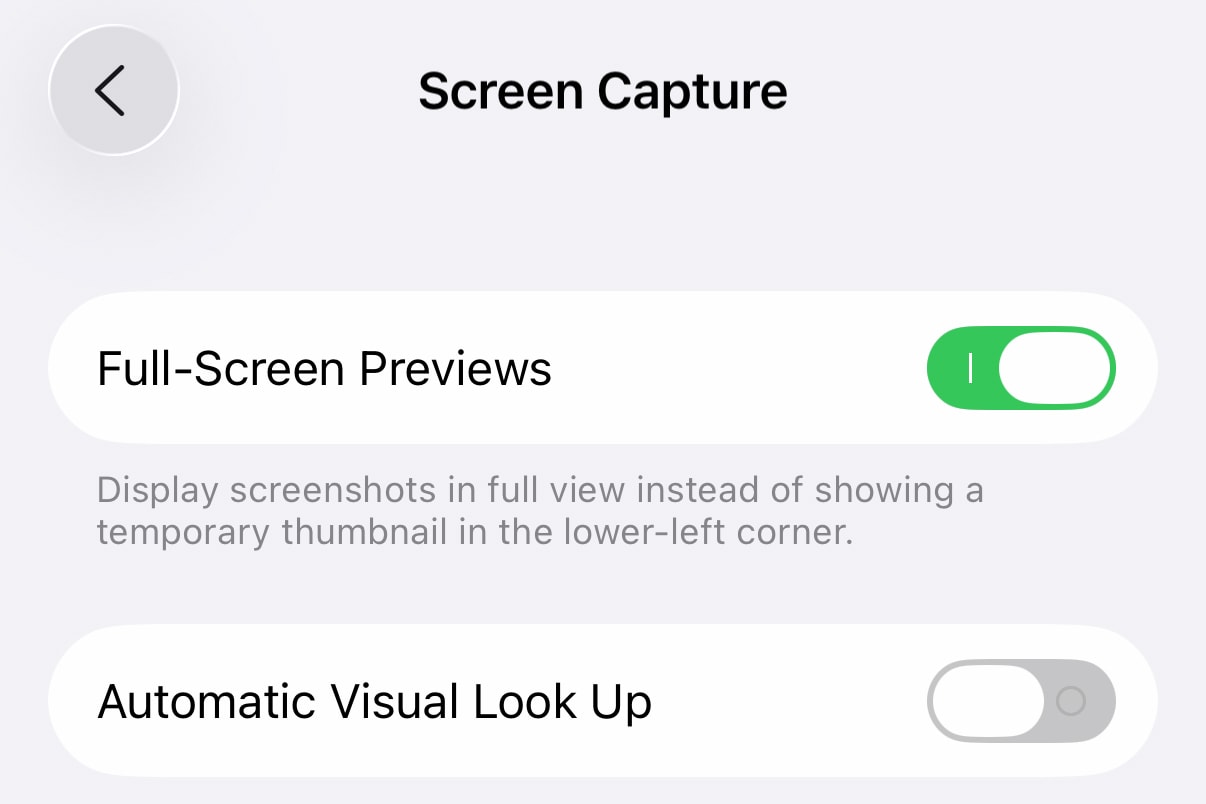 iOS 26 cho phép tắt chế độ xem ảnh chụp toàn màn hình 