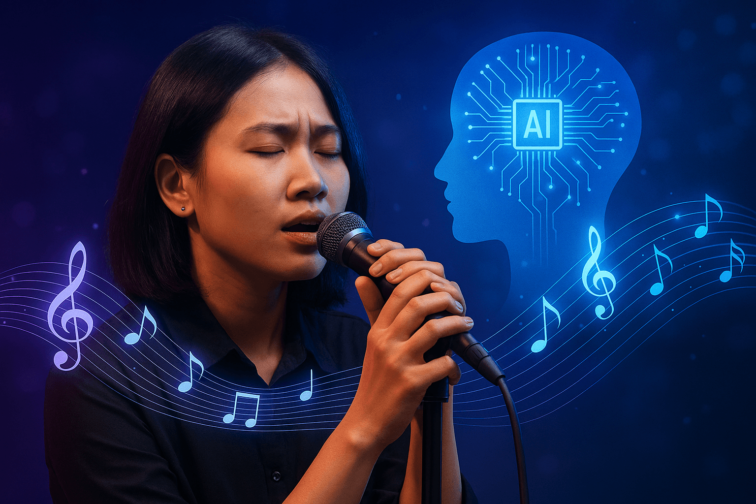 Giọng hát tiếng Việt do AI thể hiện đang được các nhà sáng tạo trẻ hoàn thiện - - Ảnh: được tạo bởi AI – Prompt: T.V
