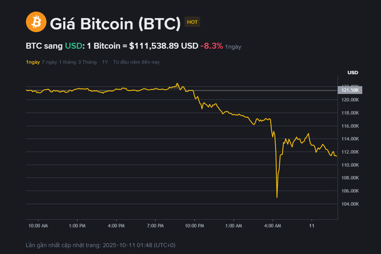 Giá Bitcoin hôm nay (11.10): Lao dốc dưới 110.000 USD