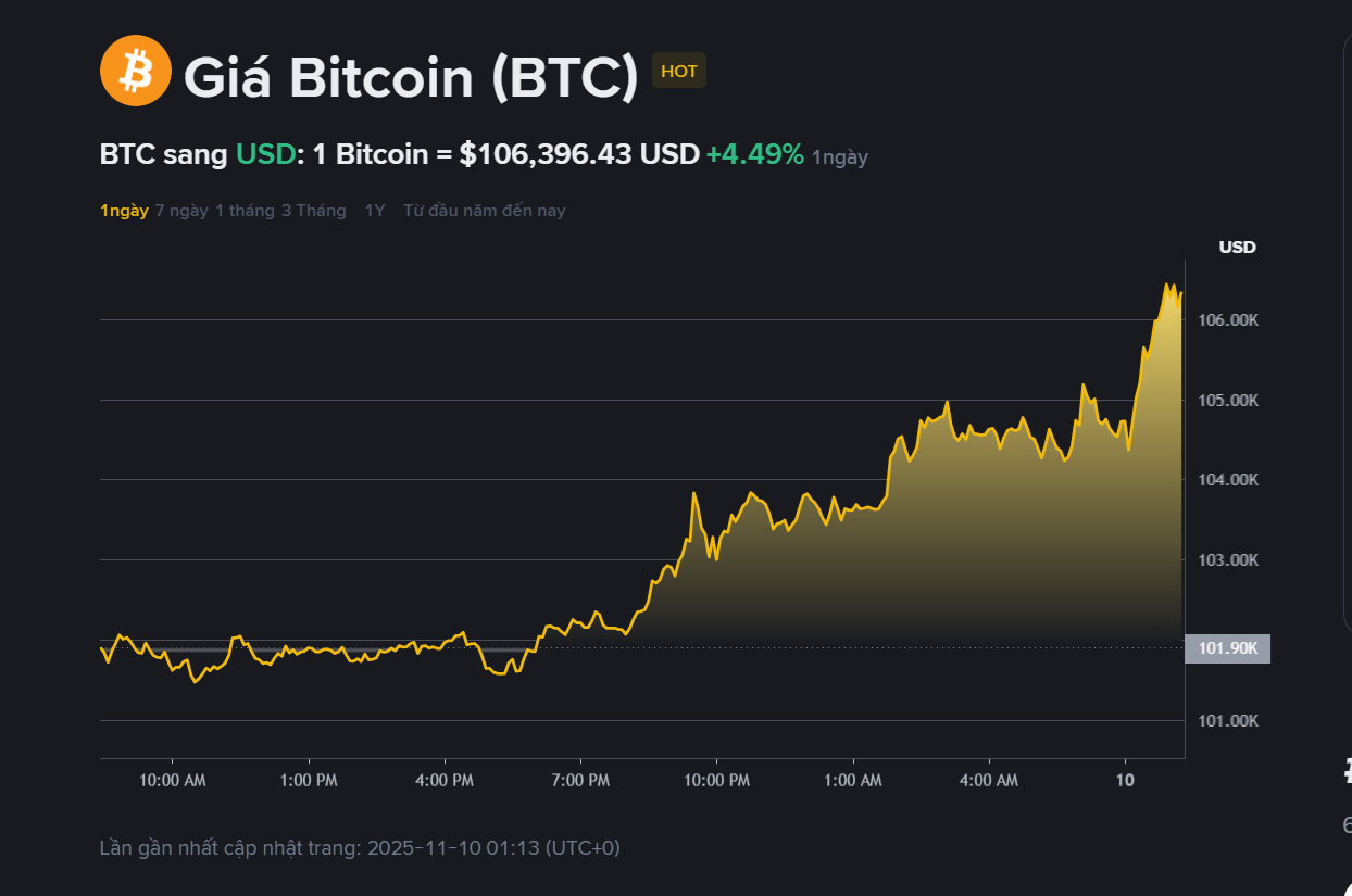 Giá Bitcoin hôm nay 10.11: Tăng mạnh lên trên 106.000 USD 