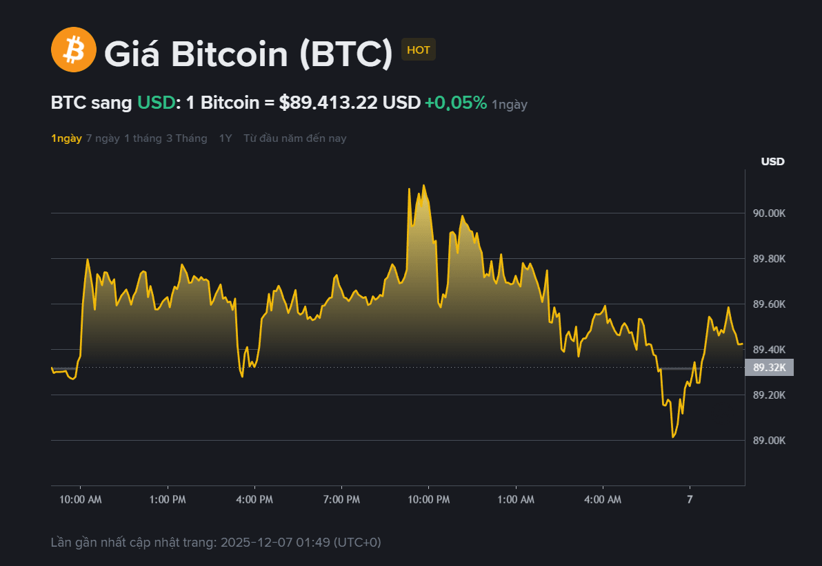 Giá Bitcoin hôm nay 7.12: Đi ngang quanh 89.000 USD, kỳ vọng Fed nới lỏng chính sách tăng mạnh 