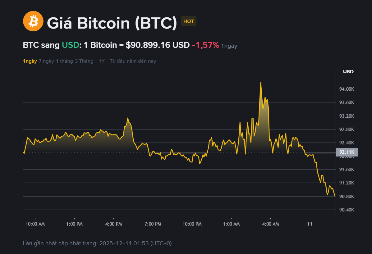 Giá Bitcoin hôm nay 11.12: Giảm về 90.000 USD bất chấp Fed hạ lãi suất