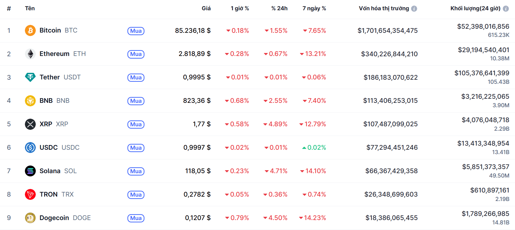 Top 10 đồng coin