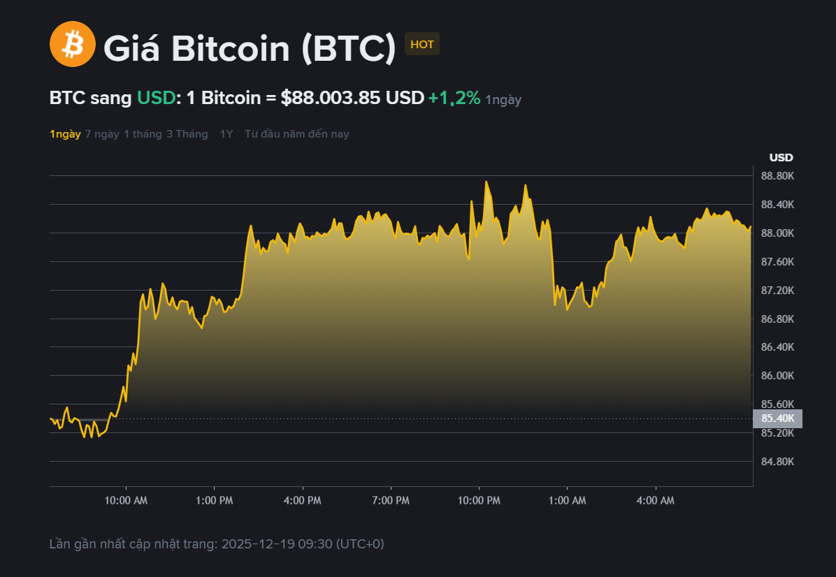 Giá Bitcoin hôm nay 20.12: Phục hồi về 88.000 USD, Fed đang bơm tiền âm thầm? 