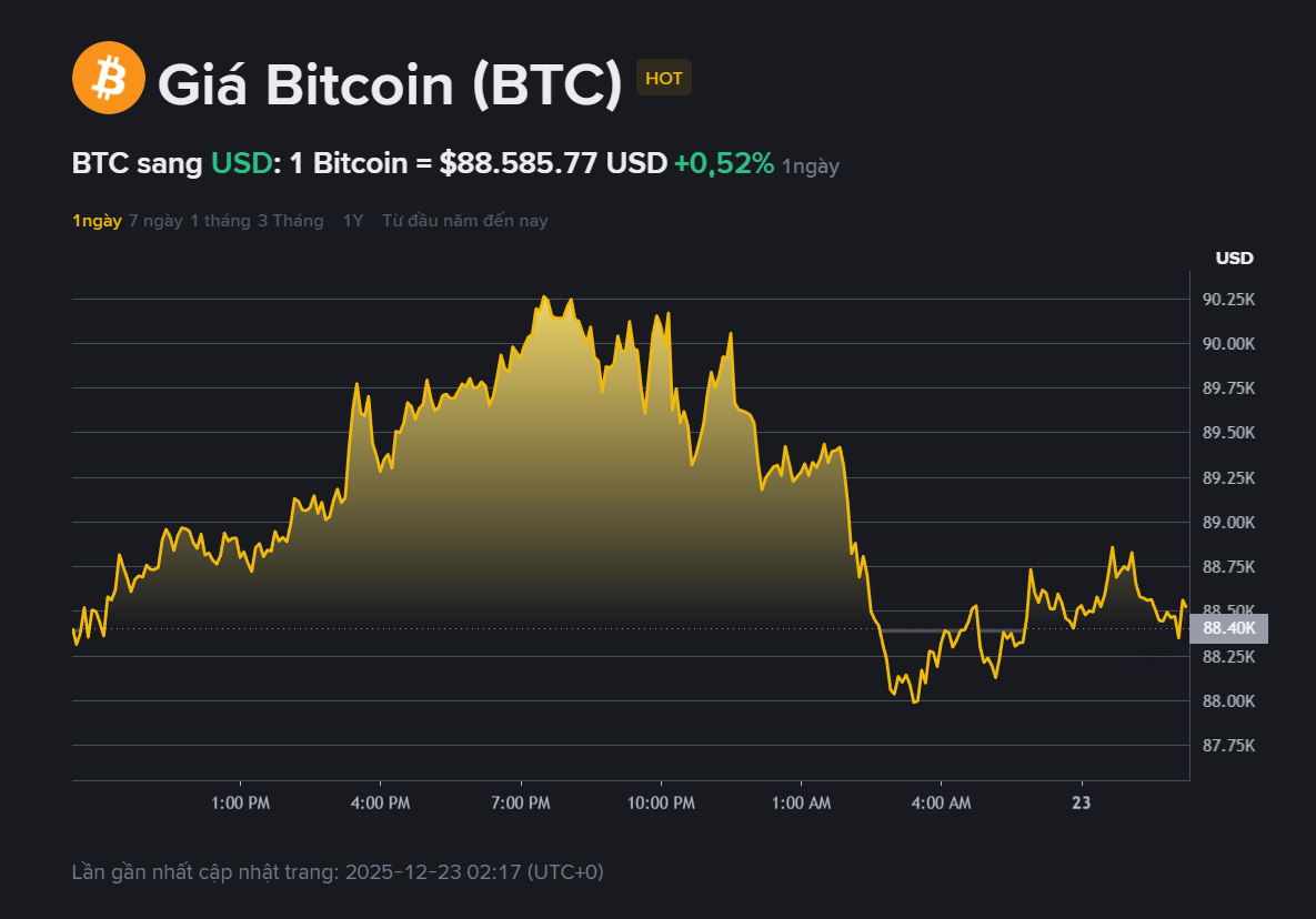 Giá Bitcoin hôm nay 23.12: Chưa thể vượt mốc 90.000 USD, nhà đầu tư bắt đầu 'chùn tay'? 