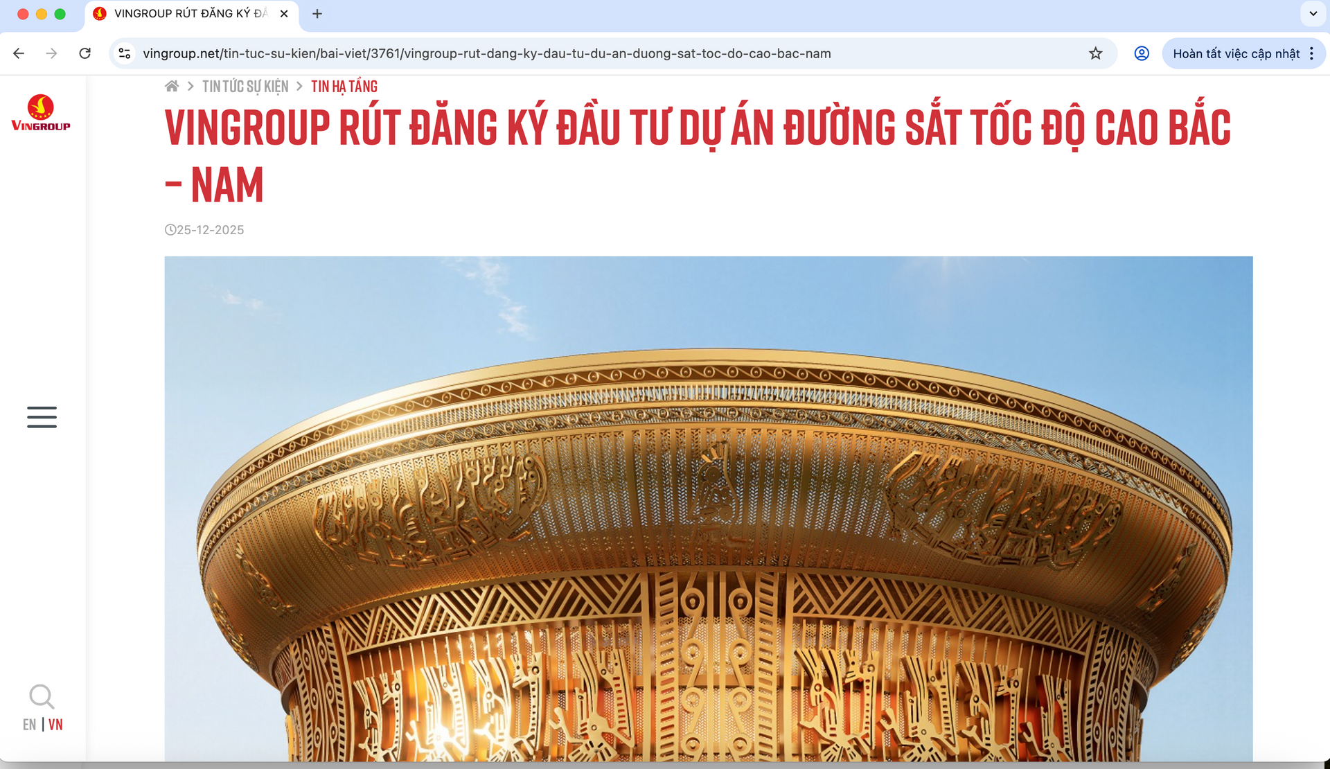 Vingroup phát đi thông báo về việc rút đăng ký đầu tư dự án đường sắt tốc độ cao Bắc - Nam - Ảnh chụp màn hình