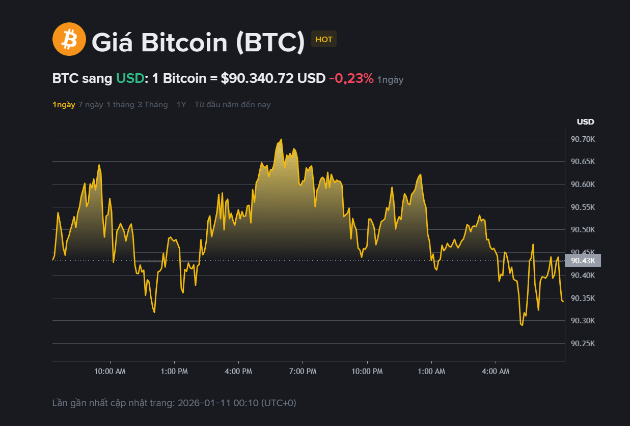 Giá Bitcoin hôm nay 11.1: Giằng co quanh 90.000 USD, xu hướng tăng ngắn hạn chững lại 