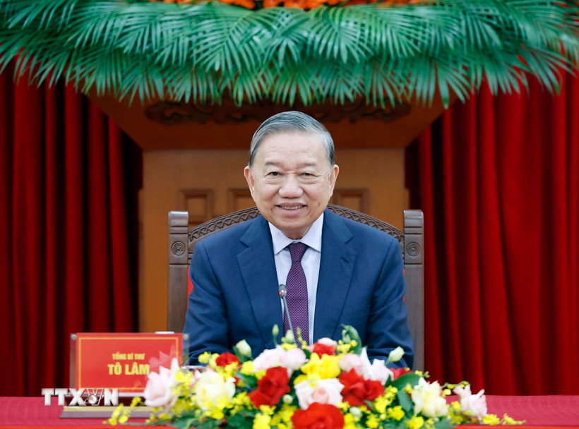 Tổng Bí thư Tô Lâm tại cuộc điện đàm với Tổng thống Liên bang Nga Vladimir Putin. (Ảnh: Thống Nhất/TTXVN)