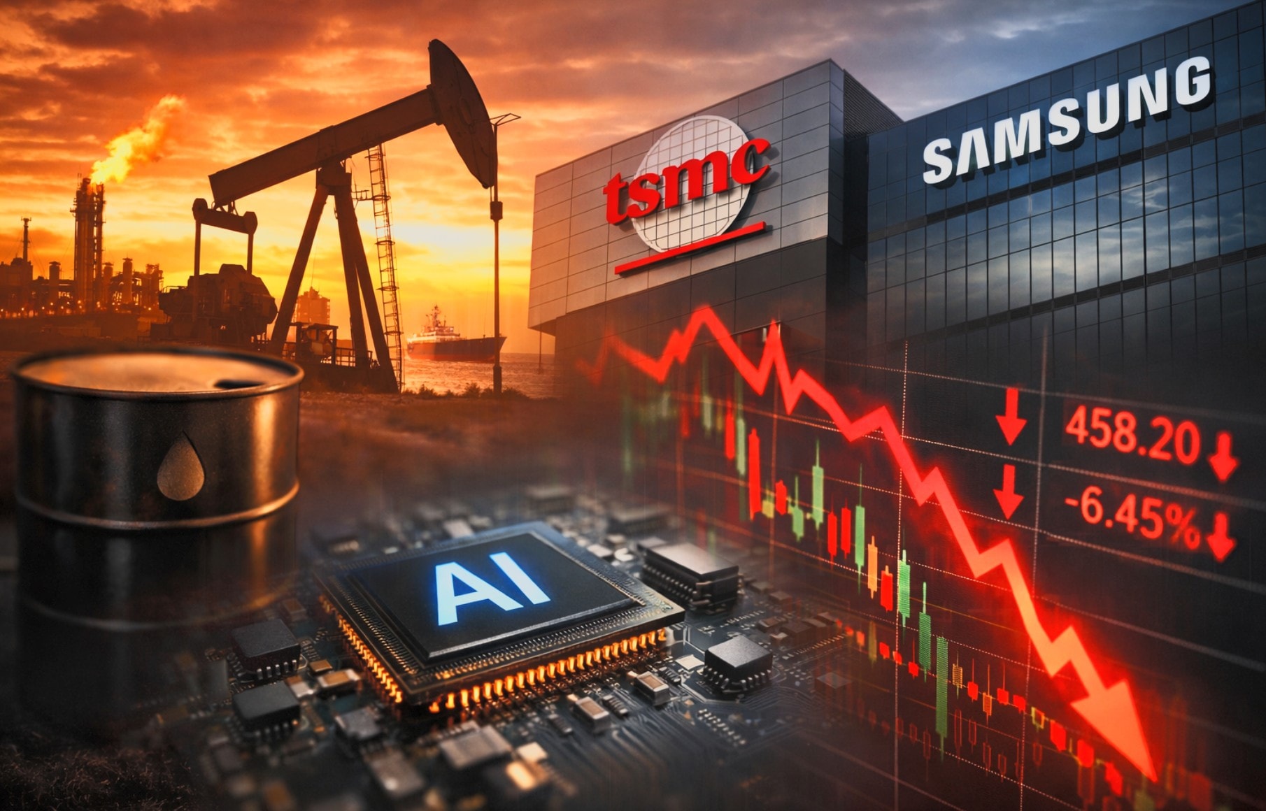 Giá dầu tăng vọt gây sức ép lên ngành AI, cổ phiếu TSMC và Samsung lao dốc 