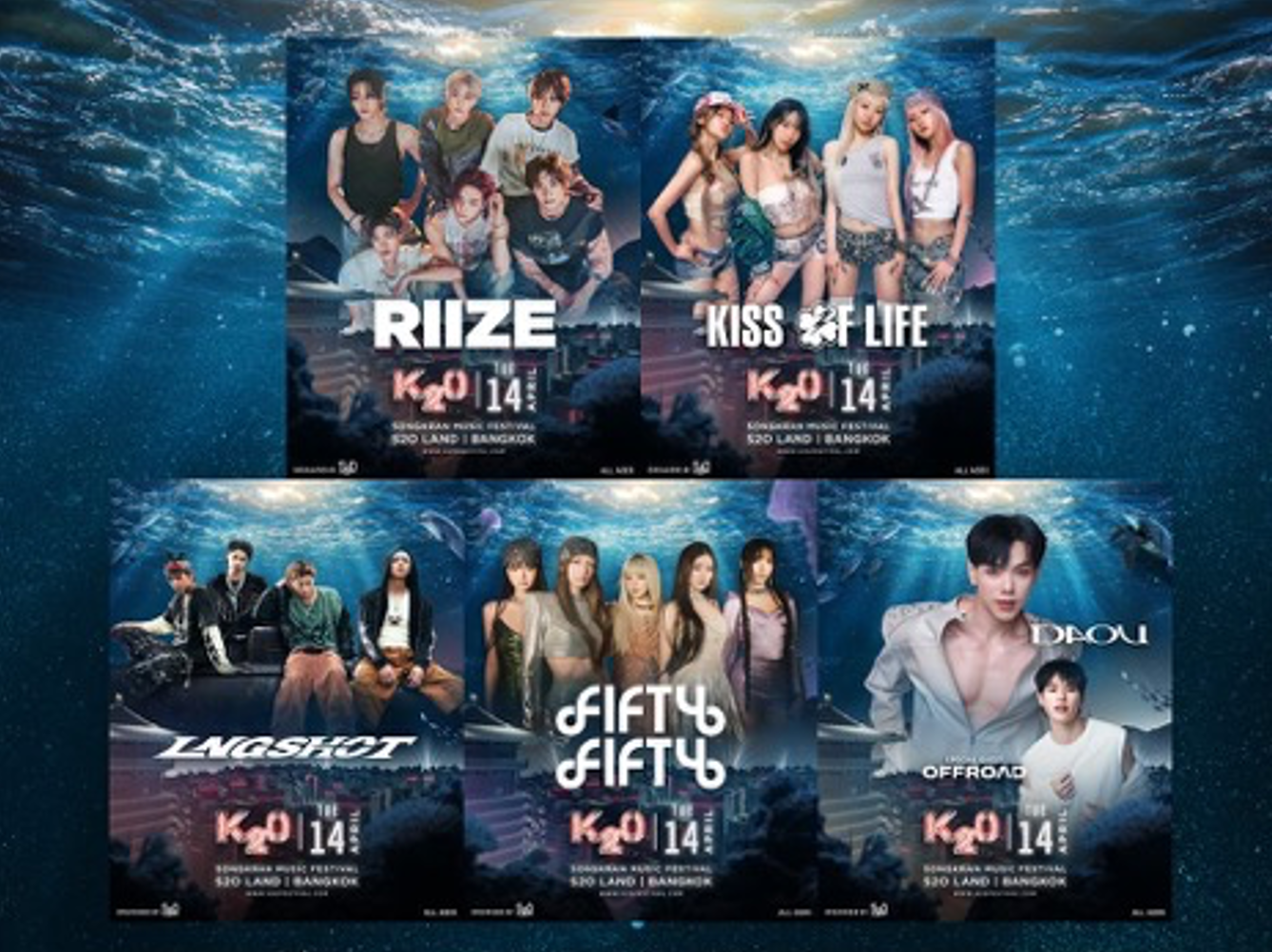 Dàn “ngôi sao đang lên” tham gia Lễ hội âm nhạc Songkran K-pop K20 lần đầu tiên ngày 14.4 bao gồm: Riize, Kiss of Life, Longshot, Fifty Fifty, cùng các nghệ sĩ T-pop Daou và Offroad - Ảnh: K20/Eventpop