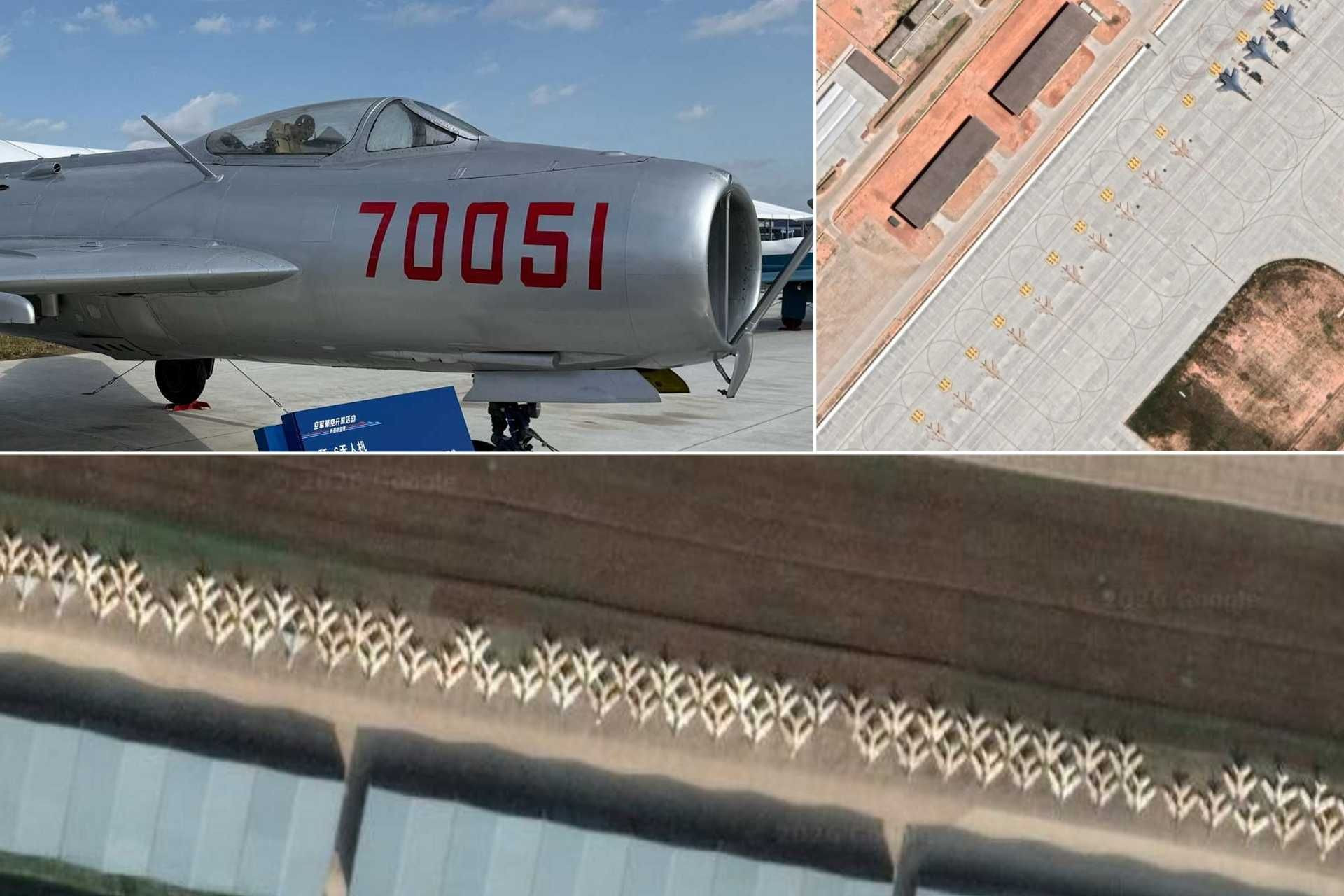 Satellite imagery revealed the increasing presence of 1960s-era J-6 fighters alongside modern J-16 multirole fighters at high-readiness bases facing Taiwan, a fact that gains coherence only when remembering the existence of the drone-converted J-6W. (Picture source: Google Maps and Chinese media)