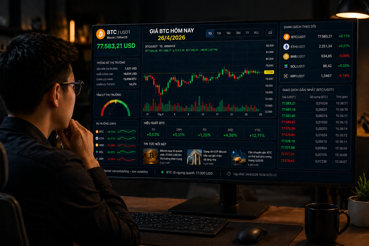 Giá Bitcoin hôm nay 26/4: Chững lại quanh 77.000 USD - nghỉ ngơi hay đảo chiều? 