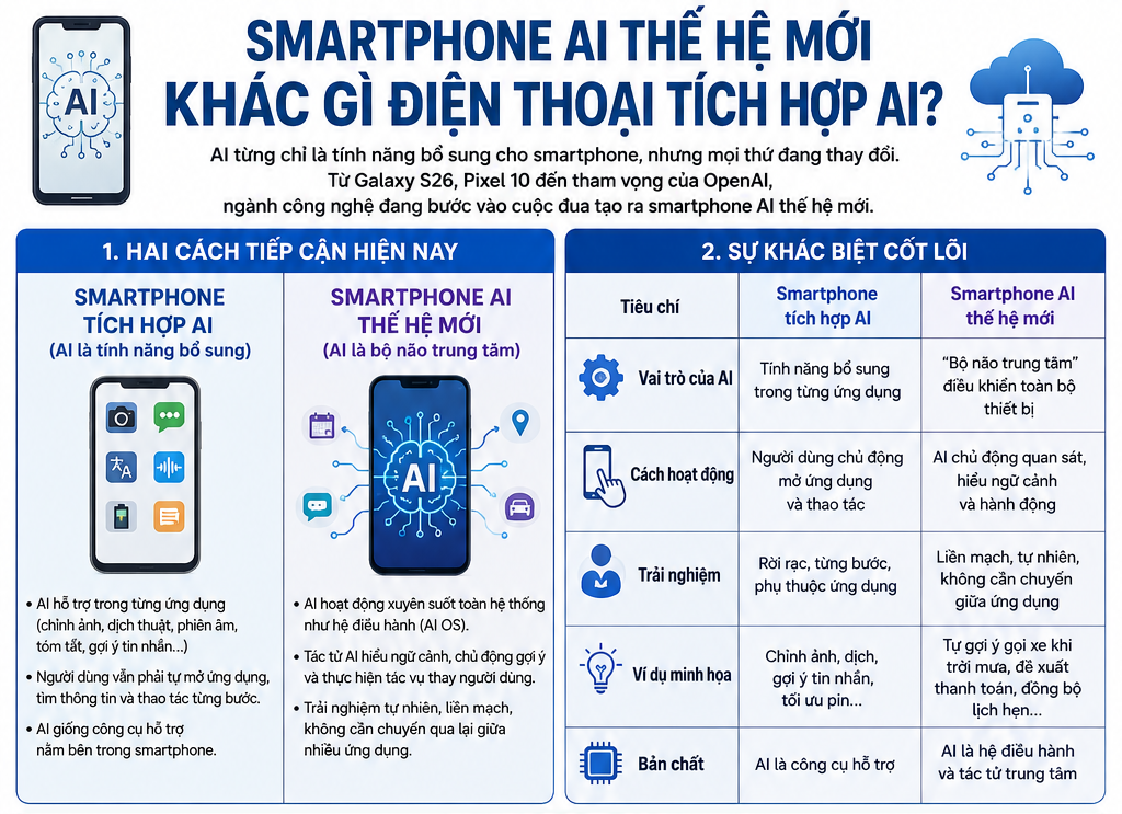 Smartphone AI thế hệ mới khác gì điện thoại tích hợp AI