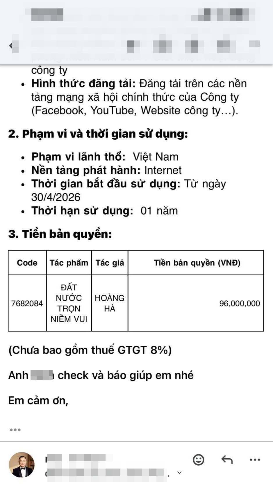 Tài liệu Thúy Hà cung cấp thể hiện mức phí bản quyền 96 triệu đồng cho ca khúc “Đất nước trọn niềm vui” trong thời hạn một năm trên Internet.