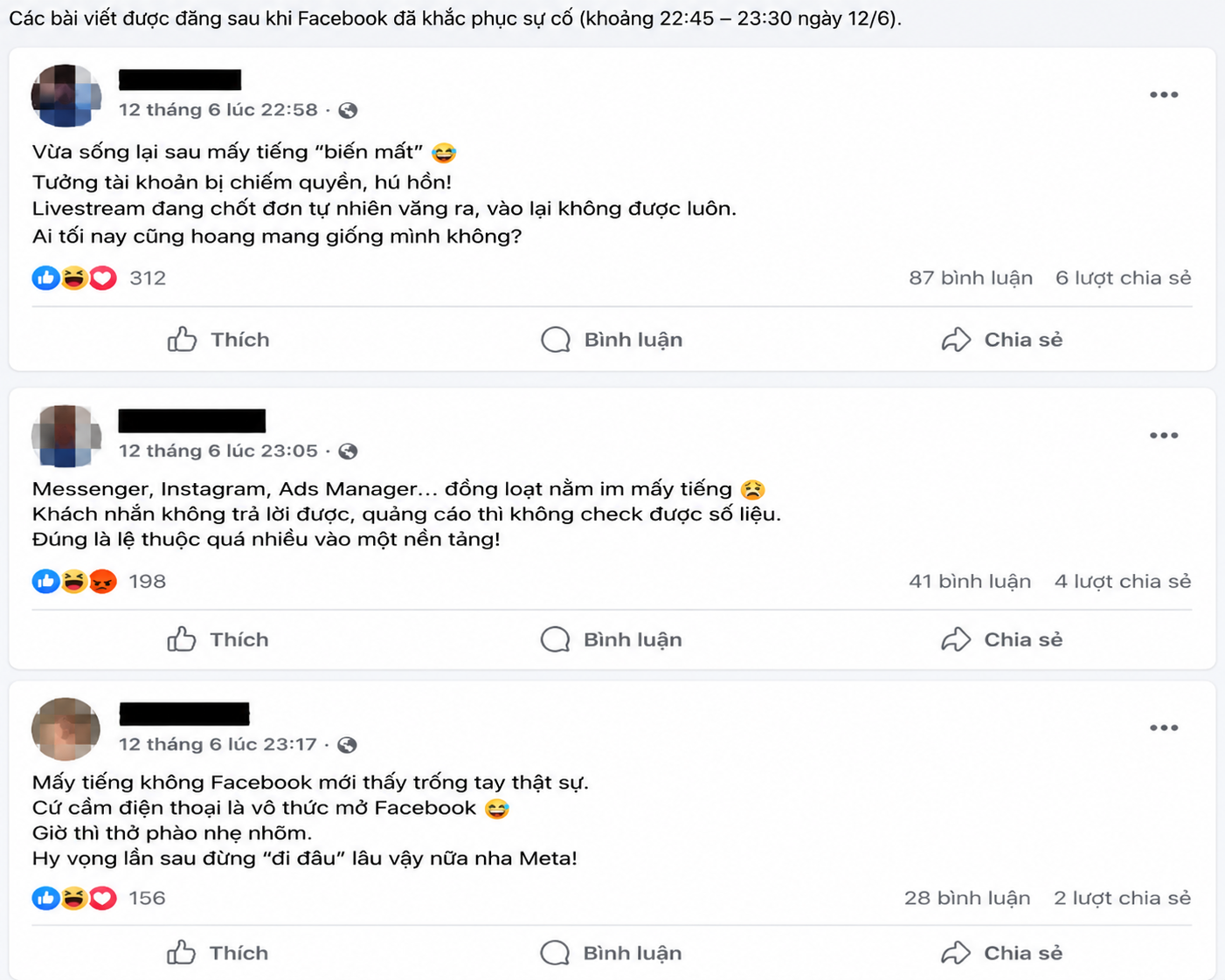 Lời than phiên của người dùng Việt Nam sau khi FB khắc phục sự cố. Ảnh: chụp màn hình