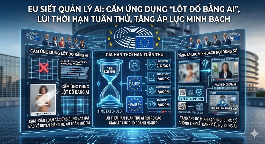 EU siết quản lí AI: Cấm ứng dụng lột đồ, chặn nội dung nhạy cảm 