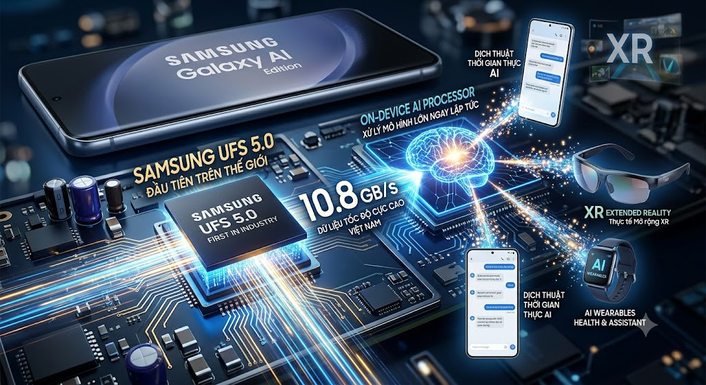 Samsung ra mắt bộ nhớ lưu trữ UFS 5.0 đầu tiên trên thế giới. Ảnh AI minh họa