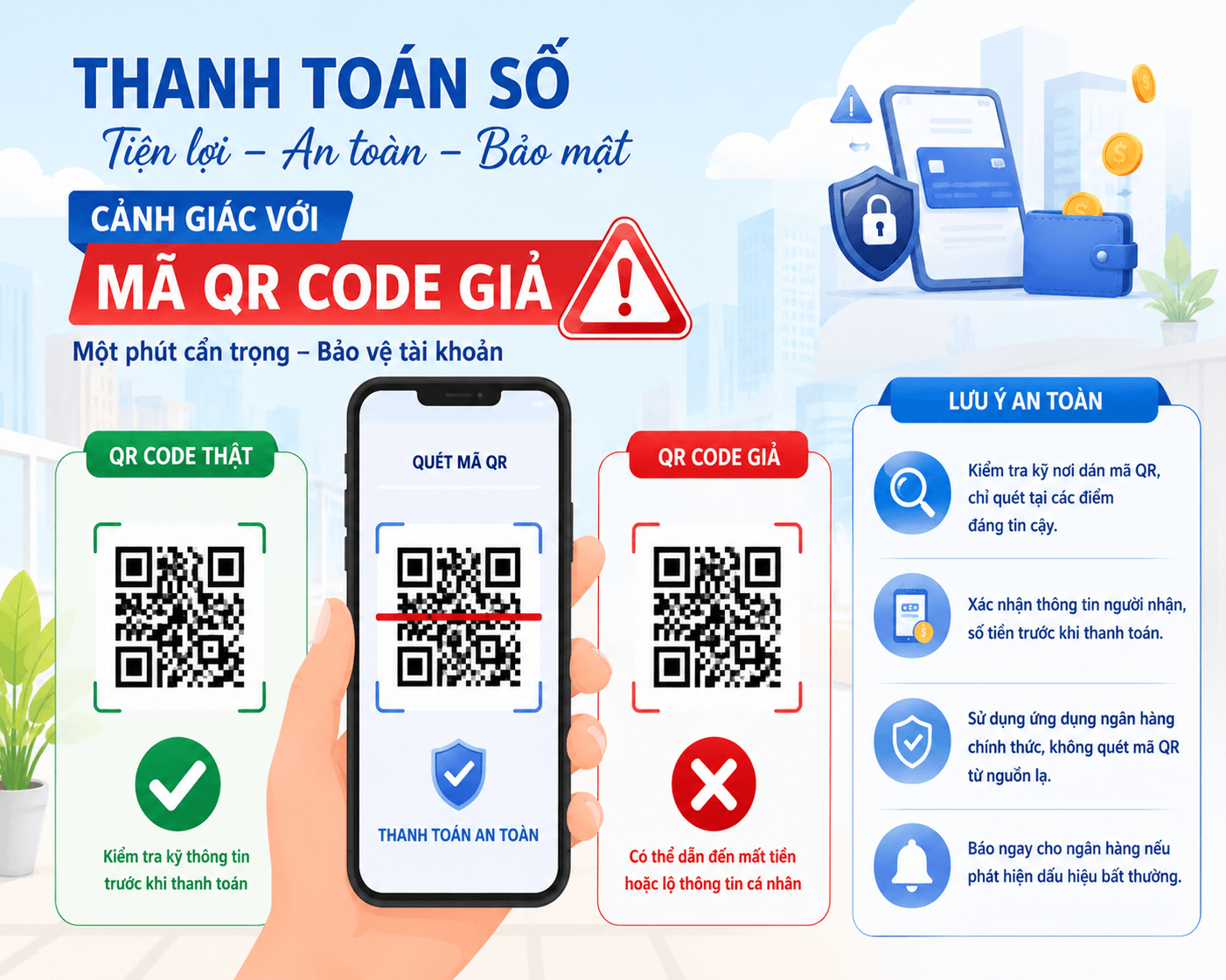 ARủi ro: Người tiêu dùng có thể mất tiền ngay lập tức và khó yêu cầu hoàn trả nếu không phát hiện kịp thời. Việc xác định trách nhiệm giữa cửa hàng, đơn vị trung gian thanh toán và người tiêu dùng có thể phát sinh tranh chấp. Nếu tiền được rút hoặc chuyển tiếp nhanh chóng, khả năng truy vết và thu hồi sẽ giảm đáng kể.
