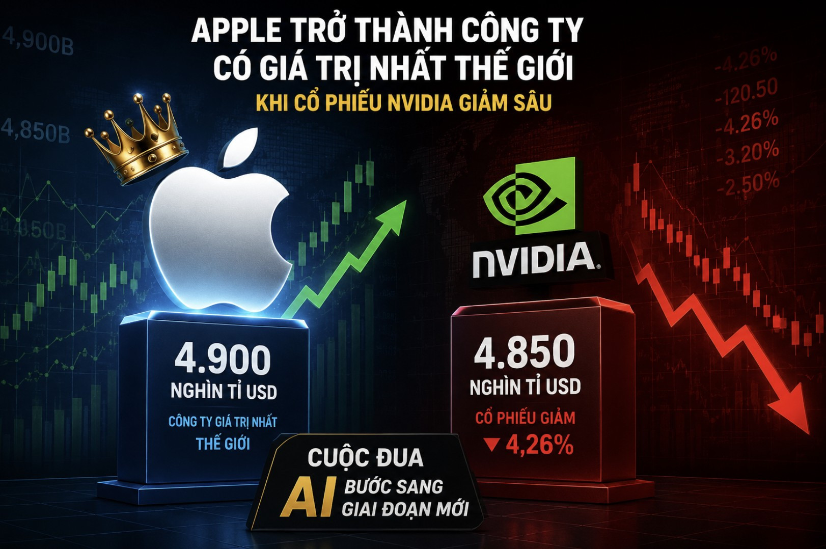 Apple trở thành công ty có giá trị nhất thế giới khi cổ phiếu Nvidia lao dốc