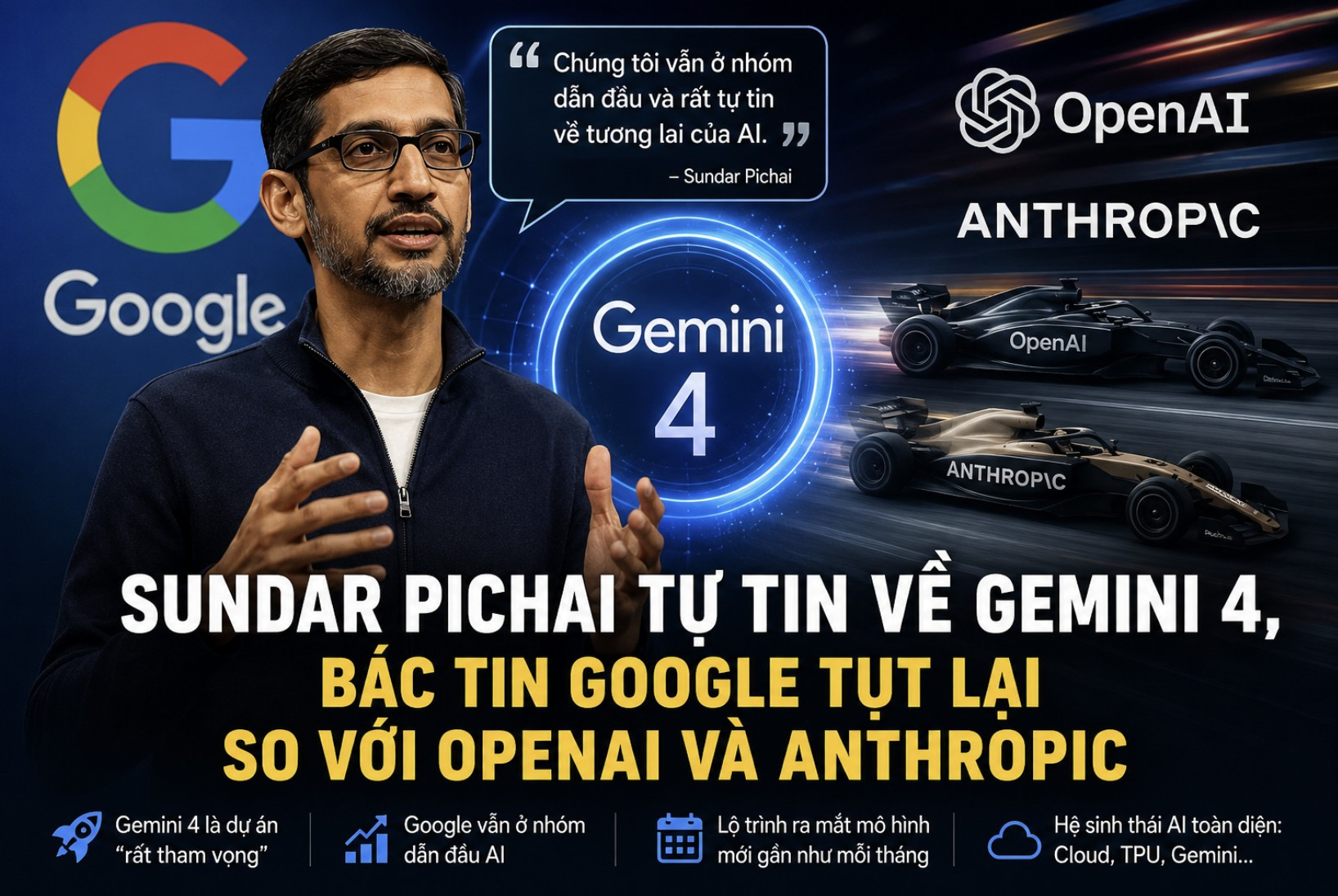 Sundar Pichai tự tin về Gemini 4, bác tin Google tụt lại so với OpenAI và Anthropic