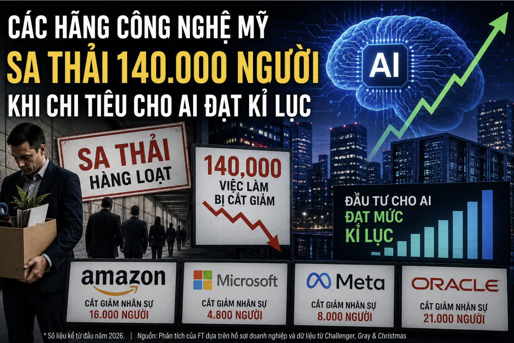 Các hãng công nghệ Mỹ sa thải 140.000 người khi chi tiêu cho AI đạt kỉ lục 