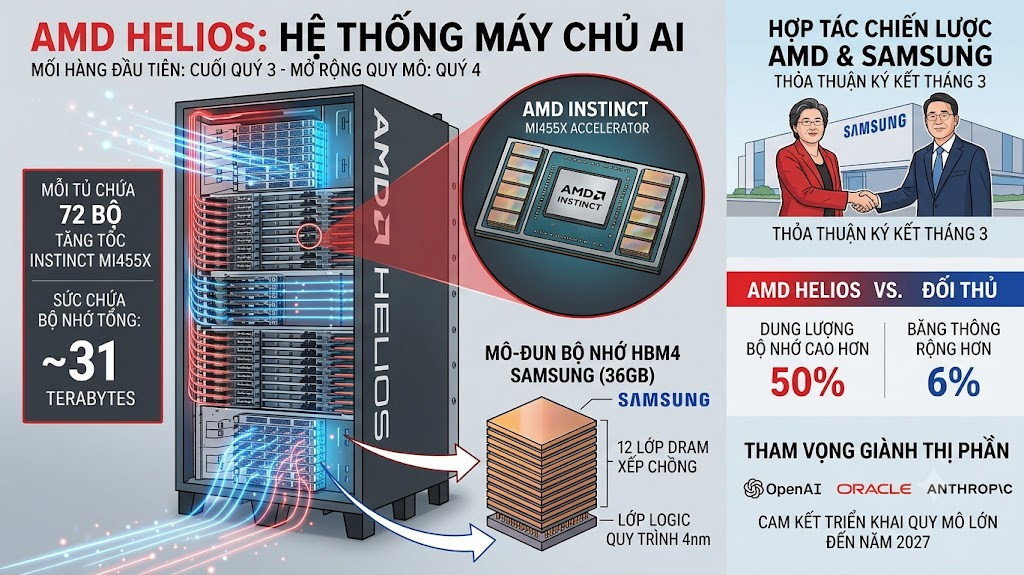AMD sản xuất hệ thống máy chủ AI với bộ nhớ HBM4 từ Samsung 