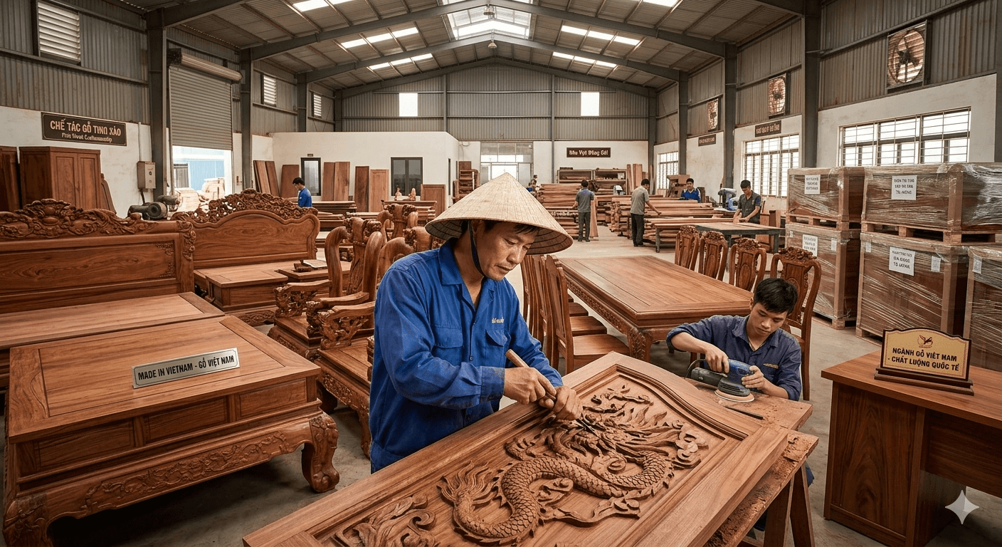 Bên trong một xưởng chế tác đồ gỗ mỹ nghệ xuất khẩu tại Việt Nam, nơi các nghệ nhân kết hợp kĩ thuật truyền thống với quy trình công nghiệp để đáp ứng tiêu chuẩn khắt khe của thị trường quốc tế. Ảnh minh hoạ.