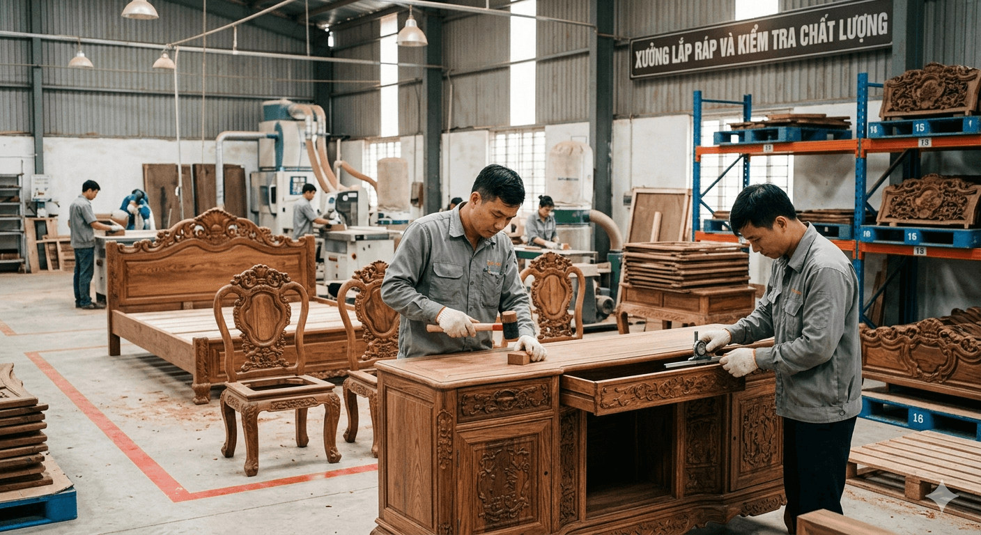 Công nhân tại một nhà máy chế biến gỗ quy mô lớn đang tiến hành kiểm tra kĩ thuật và hoàn thiện các chi tiết lắp ráp cuối cùng của bộ sản phẩm nội thất cao cấp phục vụ thị trường xuất khẩu. Ảnh minh hoạ.