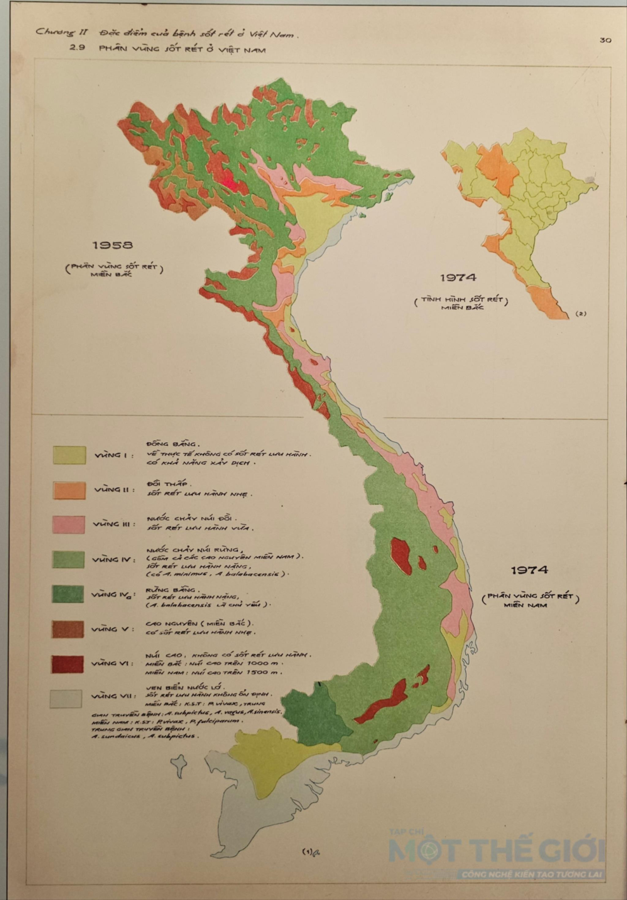 Bản đồ phân vùng sốt rét (1958-1974), theo 7 phân vùng số rét do GS. Đặng Văn Ngữ đề xuất. Ảnh NP