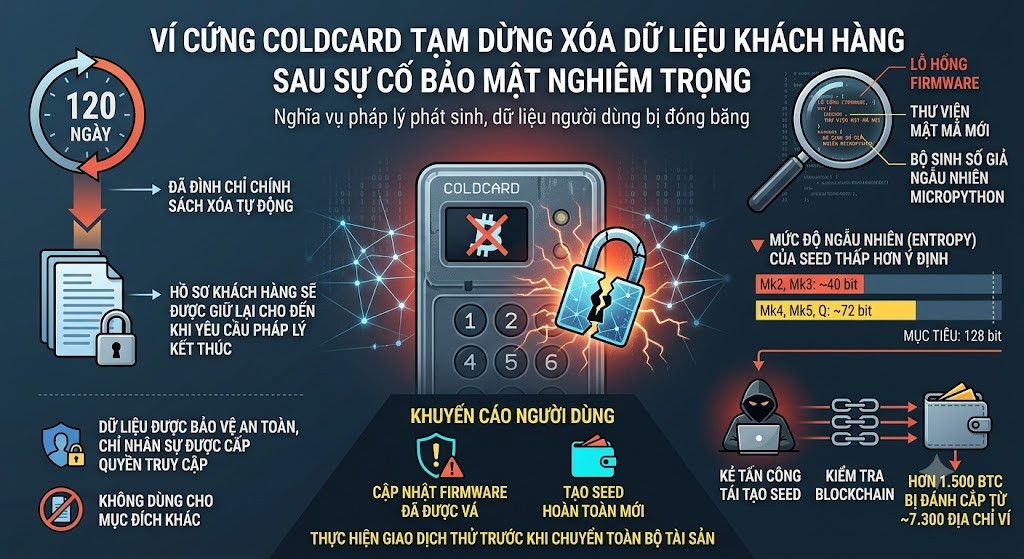Ví cứng Coldcard tạm dừng xóa dữ liệu khách hàng sau sự cố bảo mật nghiêm trọng 