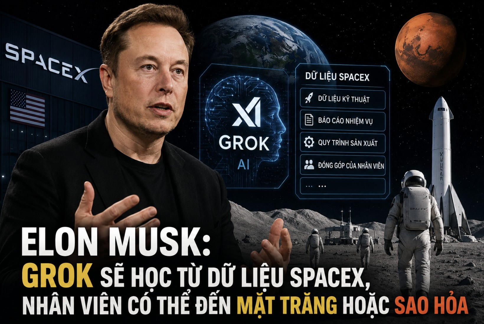 Elon Musk Grok sẽ học từ dữ liệu SpaceX, nhân viên có thể đến Mặt trăng