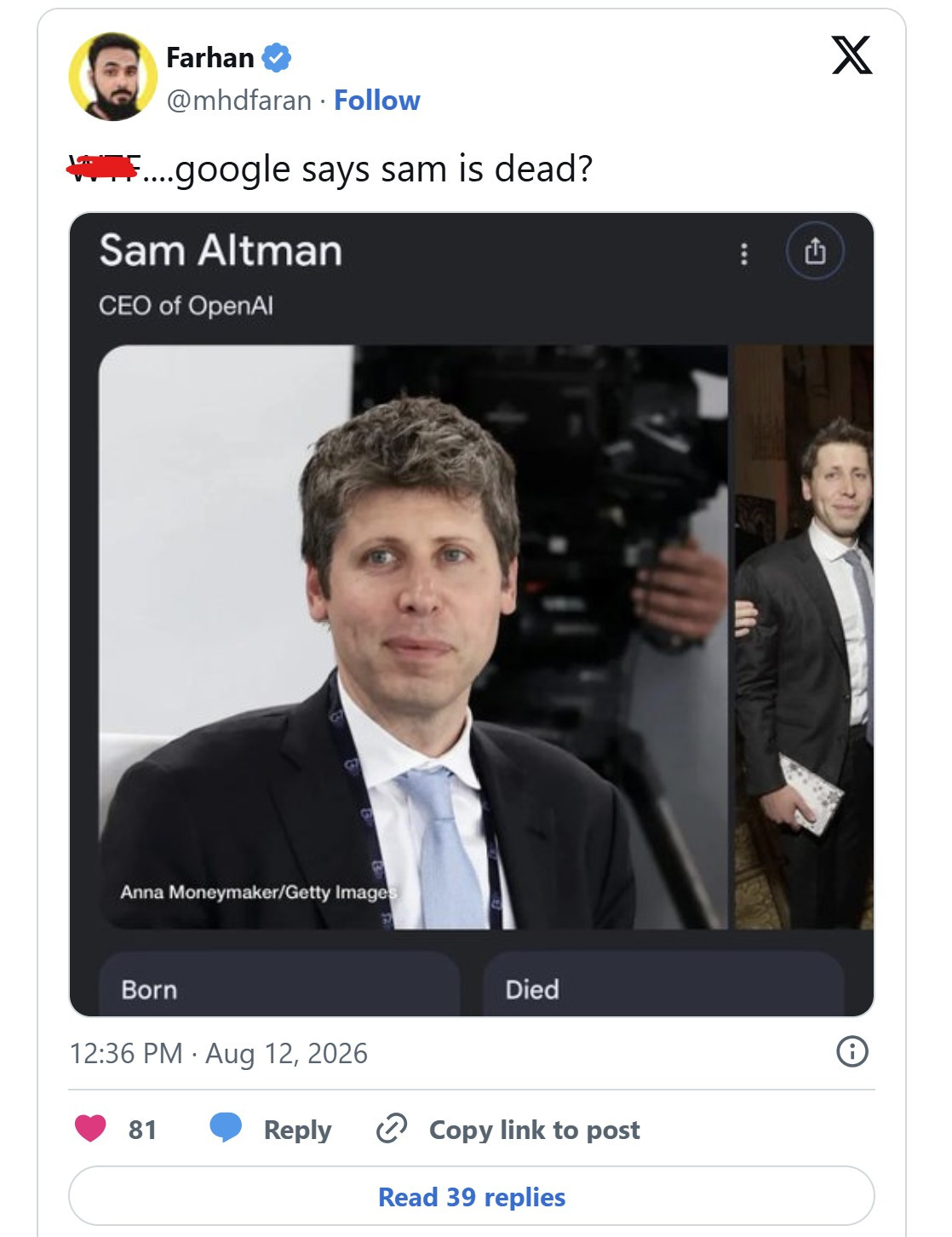 Google Search hiển thị Sam Altman qua đời, Wikipedia bị phá hoại cùng lúc