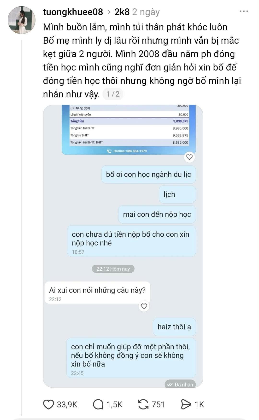 Nữ sinh trúng tuyển Trường Cao đẳng Thương mại và Du lịch Hà Nội tủi thân vì tin nhắn của bố và cái kết ấm lòng trước thềm năm học mới