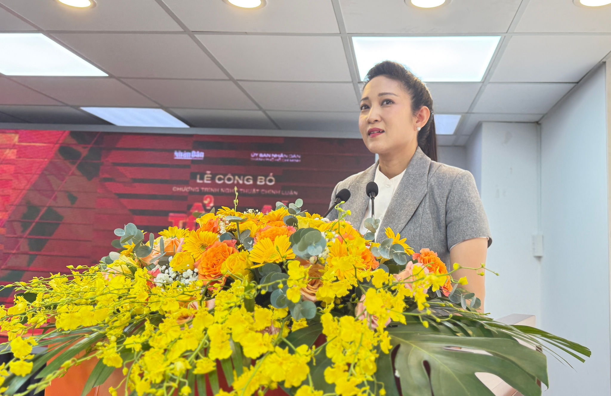 NSND Nguyễn Thị Thanh Thúy, Ủy viên Ban Thường vụ Đảng ủy, Phó Giám đốc Sở Văn hóa và Thể thao TP.HCM phát biểu tại lễ công bố chương trình. Ảnh: Tiểu Vũ 