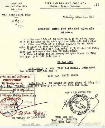 sắc lệnh phong hàm thiếu tướng
