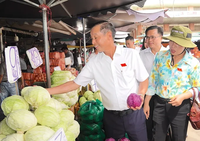 Ông Huỳnh Thanh Nhân - Phó chủ tịch HĐND TP.HCM khảo sát ATTP tại chợ đầu mối nông sản thực phẩm Hóc Môn. Ảnh: Quang Huy. 