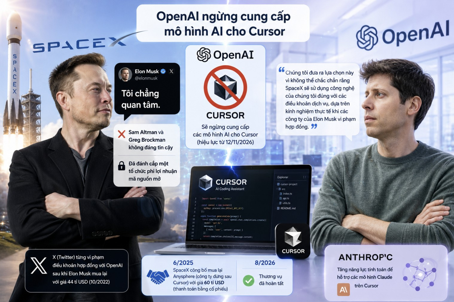 Elon Musk lên tiếng khi OpenAI ngừng cung cấp mô hình AI cho Cursor 