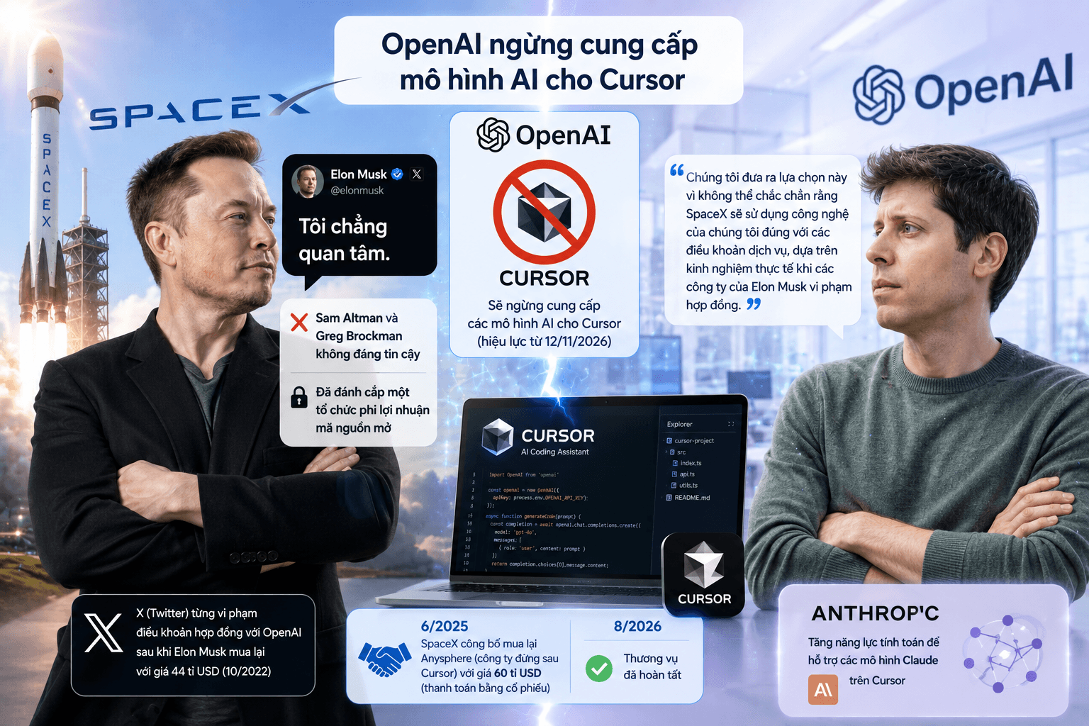 Elon Musk lên tiếng khi OpenAI ngừng cung cấp mô hình AI cho Cursor