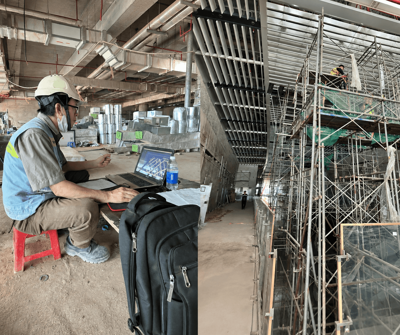 Kỹ sư kiểm tra bản vẽ, giám sát thi công hệ thống kỹ thuật; công nhân khẩn trương lắp đặt trần và các hạng mục bên trong nhà ga hành khách Sân bay quốc tế Long Thành.