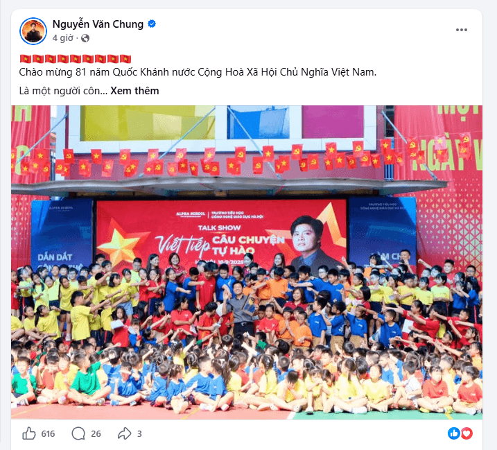 Nhạc sĩ Nguyễn Văn Chung chia sẻ quan niệm về lòng yêu nước và trách nhiệm của người nghệ sĩ trên trang Facebook cá nhân ngày 2/9. Ảnh chụp màn hình