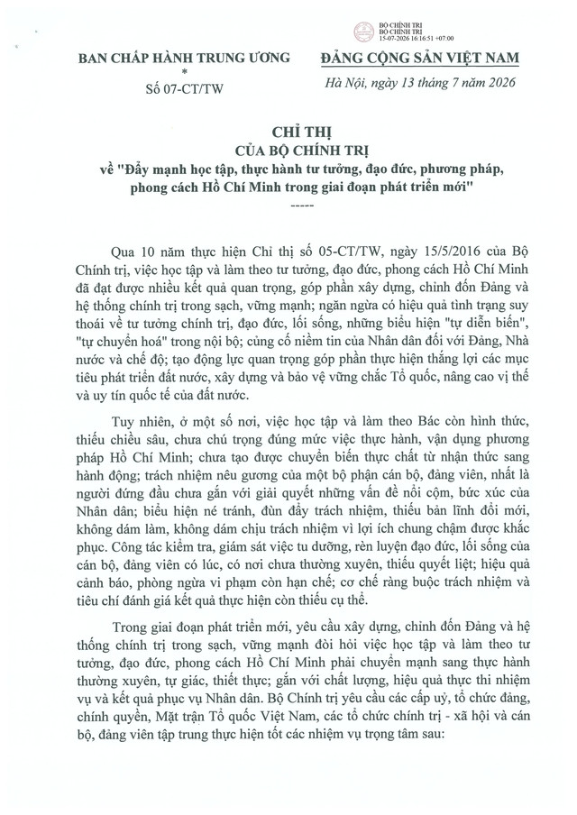 Chỉ thị số 07-CT/TW của Bộ Chính trị về 