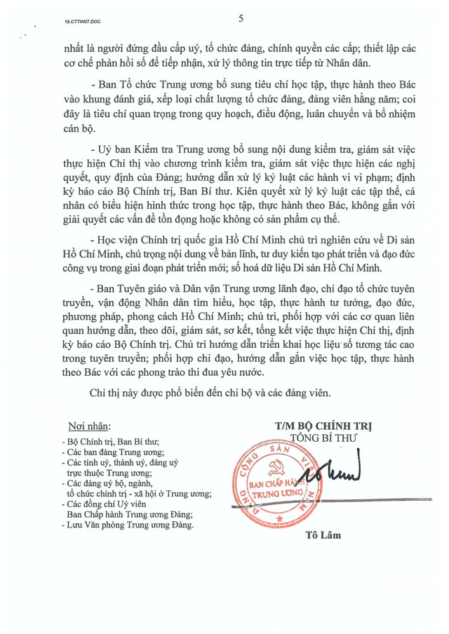 Chỉ thị số 07-CT/TW của Bộ Chính trị về 