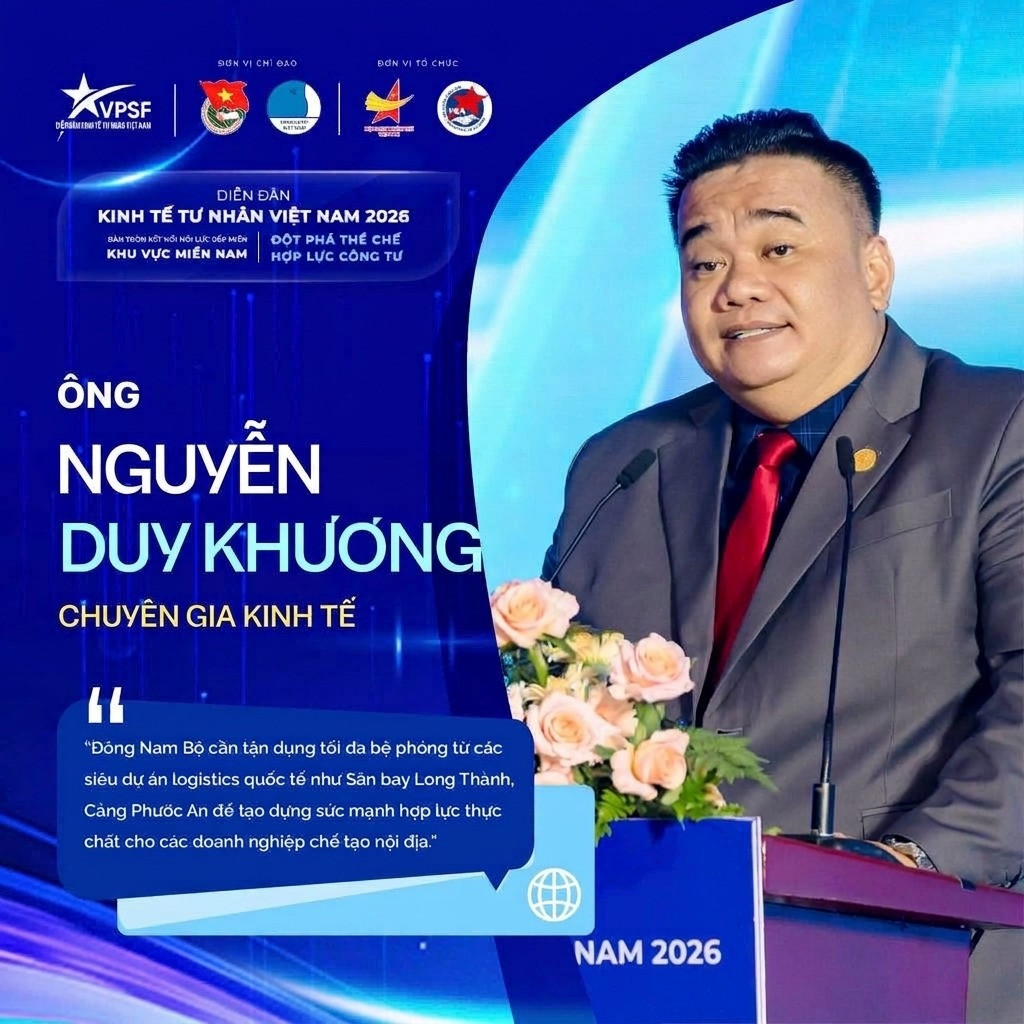 Ông Nguyễn Duy Khương - Phó chủ tịch Hội Doanh nhân trẻ TP. Đồng Nai cho rằng, muốn đi xa, doanh nghiệp Đồng Nai phải đi cùng chuỗi giá trị. Ảnh: Diễn đàn Kinh tế tư nhân Việt Nam năm 2026