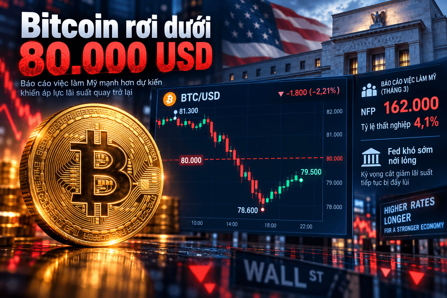 Giá Bitcoin hôm nay 5/9: Rơi dưới 80.000 USD sau cú sốc việc làm Mỹ 