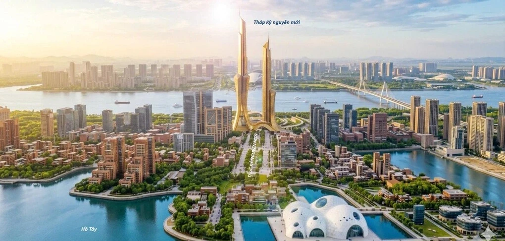 Phối cảnh Tháp Kỷ nguyên cao 109 tầng bên bờ hữu sông Hồng. Theo đồ án điều chỉnh tổng thể Quy hoạch phân khu đô thị sông Hồng tỷ lệ 1/5.000, công trình được định hướng trở thành điểm nhấn và biểu tượng đô thị trong phân đoạn từ cầu Thăng Long đến cầu Thanh Trì. Nguồn: Viện Quy hoạch xây dựng Hà Nội.