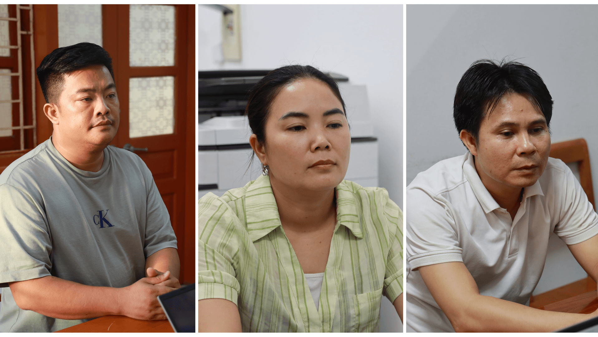 Các bị can (từ trái sang phải) Vũ Hoàng Hải, Bùi Thị Kim Tuyên và Phạm Văn Hà. Ảnh BCA