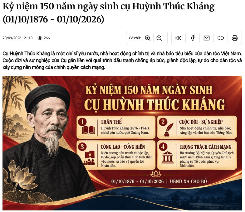 Bài kỷ niệm trên Trang thông tin điện tử xã Cao Bồ, Tuyên Quang, đề ngày 20/9/2026, sử dụng infographic có chân dung cụ Huỳnh. Ảnh chụp màn hình ngày 2/10/2026.